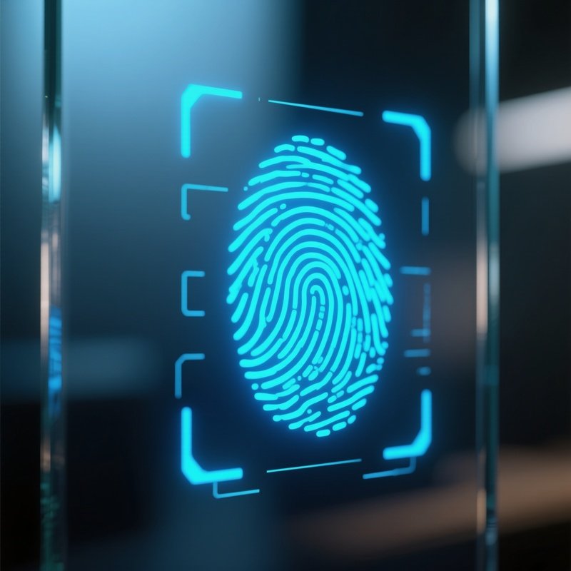 Fingerprint: A Glowing, Biometric Blue Fingerprint Scan On A Glass Surface, Representing Identity Verification And Security.