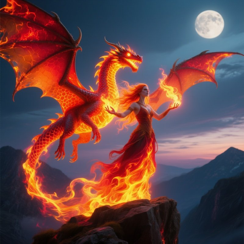 Fire Enchantress Swirling Flames Into Dragon Shape