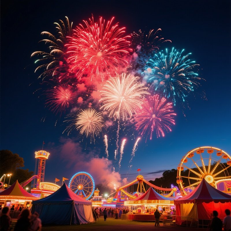 Fireworks Festival Tents And Rides Night