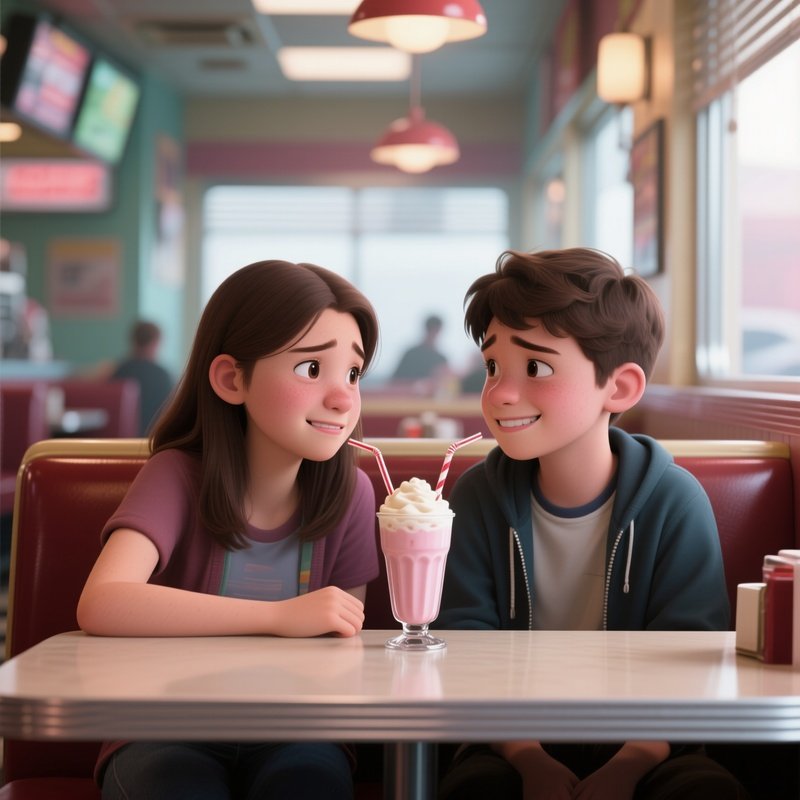 First Date: Two Nervous Teenagers Sitting At A Diner Booth, Sharing A Milkshake With Two Straws, Avoiding Eye Contact But Smiling Shyly.
