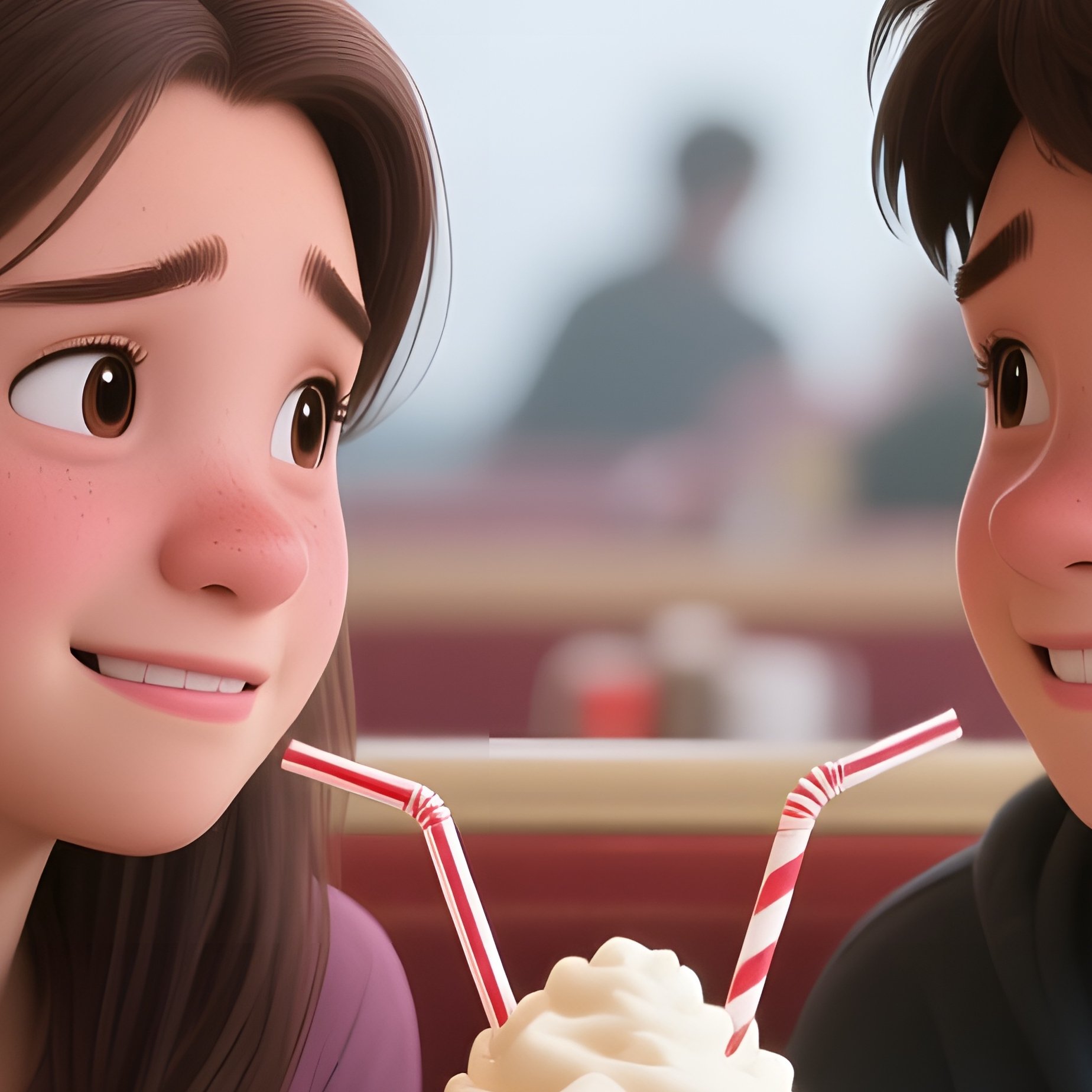 First Date: Two Nervous Teenagers Sitting At A Diner Booth, Sharing A Milkshake With Two Straws, Avoiding Eye Contact But Smiling Shyly. - Full Resolution Quality Preview