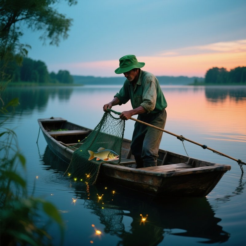 Fisherman Pulling Net At Dusk With Fireflies