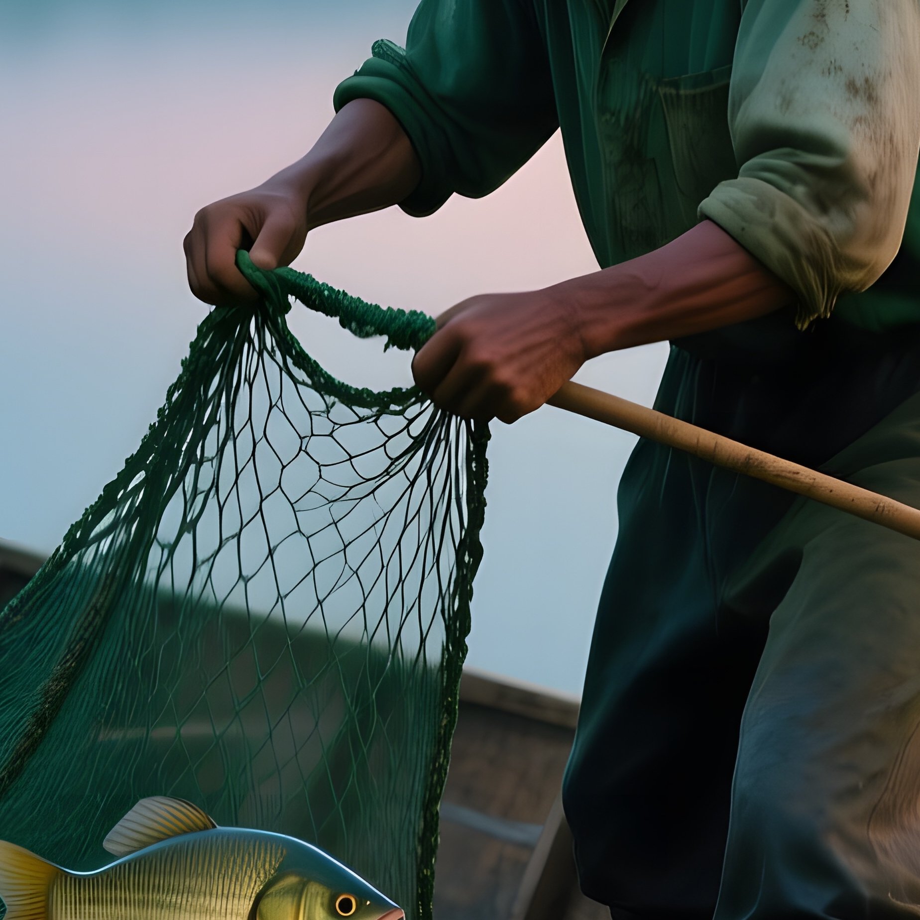 Fisherman Pulling Net At Dusk With Fireflies - Full Resolution Quality Preview