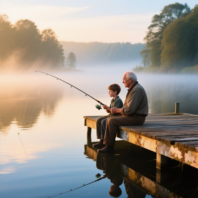Fishing Trip Grandfather Grandson Misty Morning