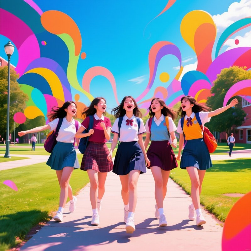 Five Beautiful University Girls Walking Campus Abstract