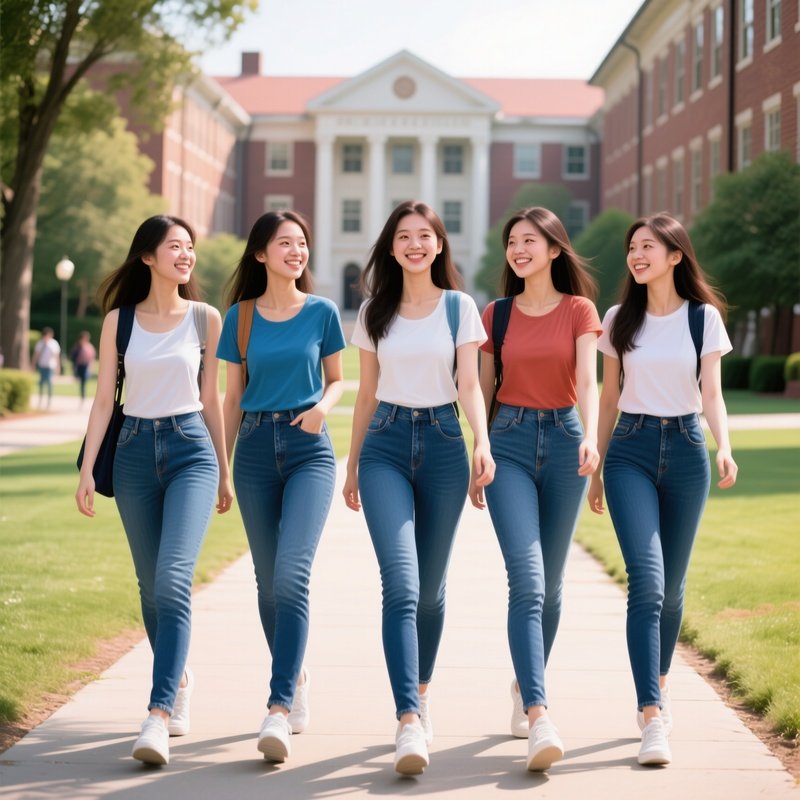 Five Beautiful University Girls Walking Campus