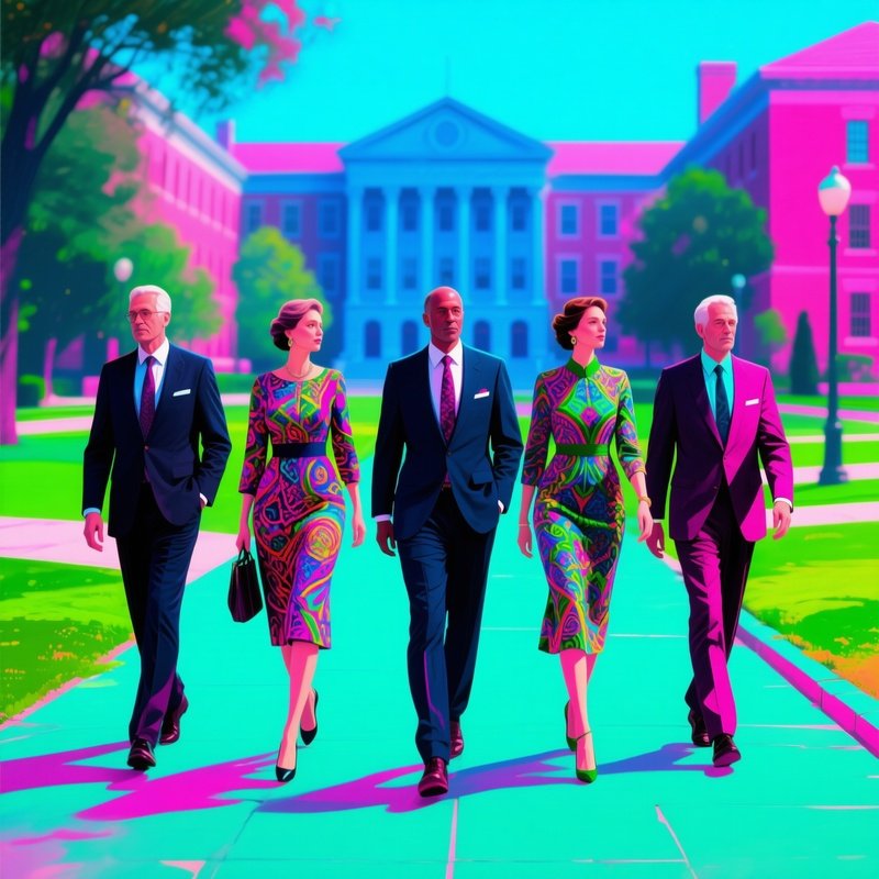 Five Prettily Dressed University Professors Walking On Campus