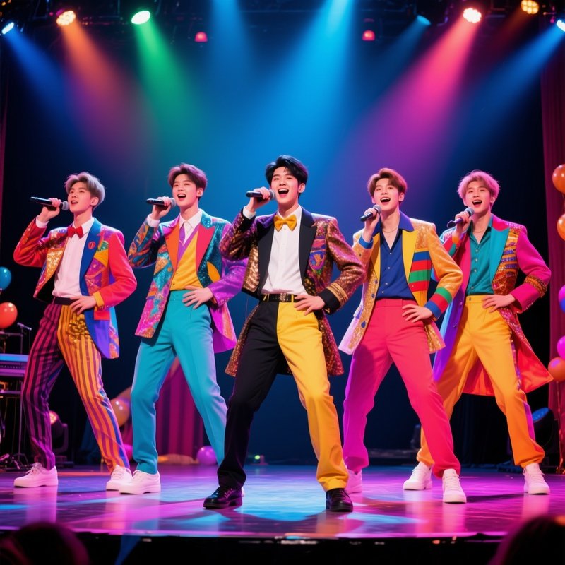 Five Prettily Dressed University Student Boys In Costumes On Stage