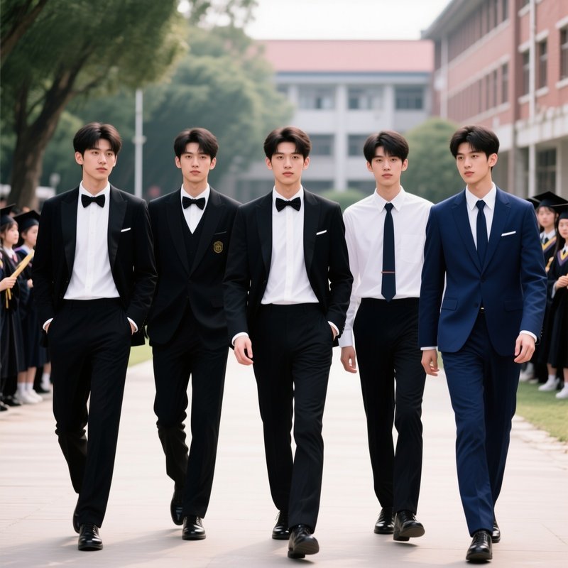Five Prettily Dressed University Student Boys In Formal Wear