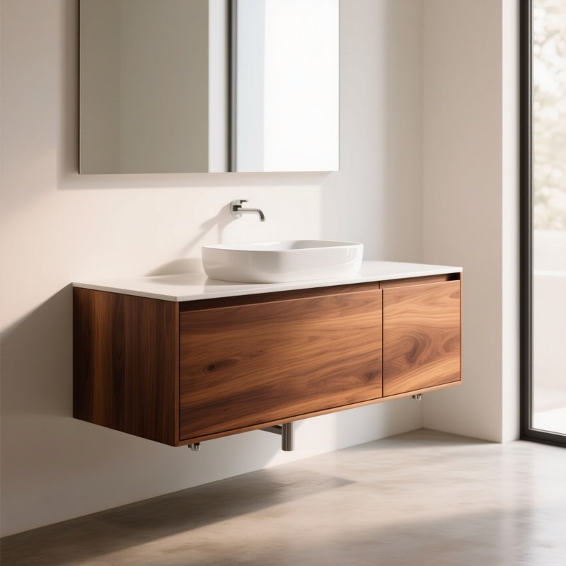 Floating Bathroom Vanity Cabinet In Teak Wood With White Basin