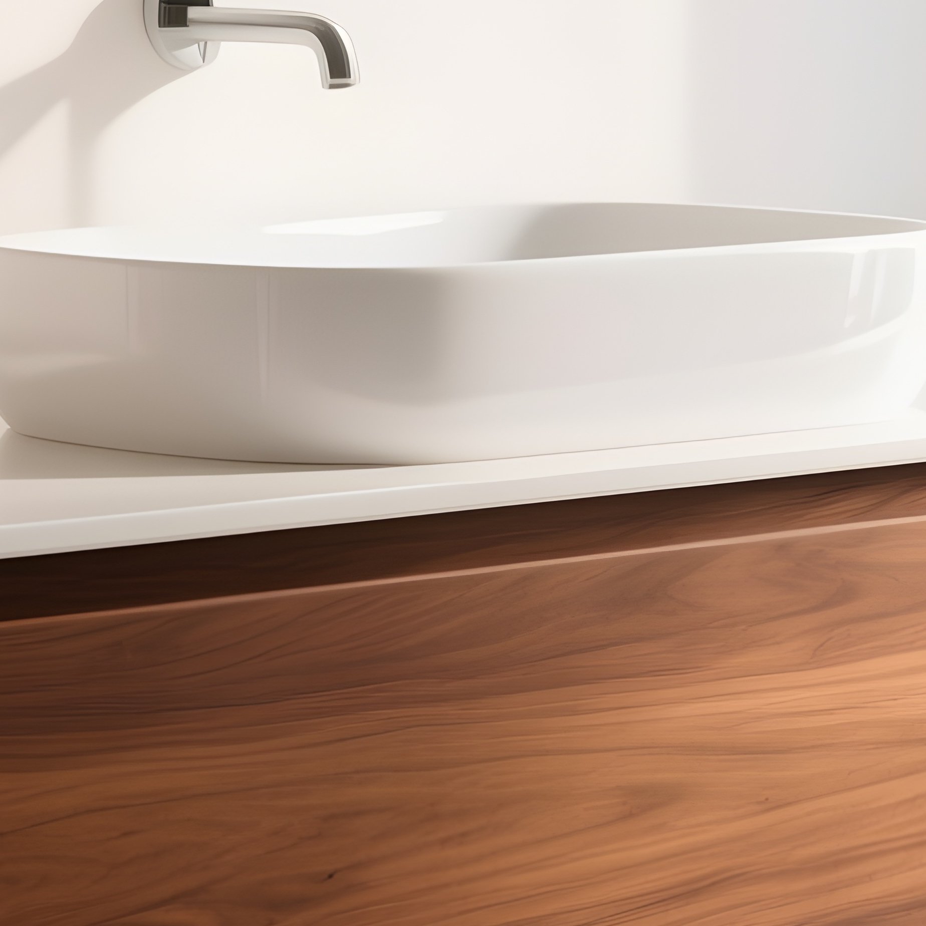 Floating Bathroom Vanity Cabinet In Teak Wood With White Basin - Full Resolution Quality Preview