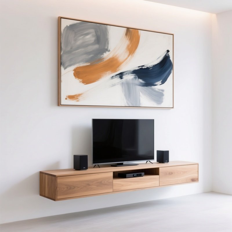 Floating Media Console Light Oak White Wall Abstract Painting