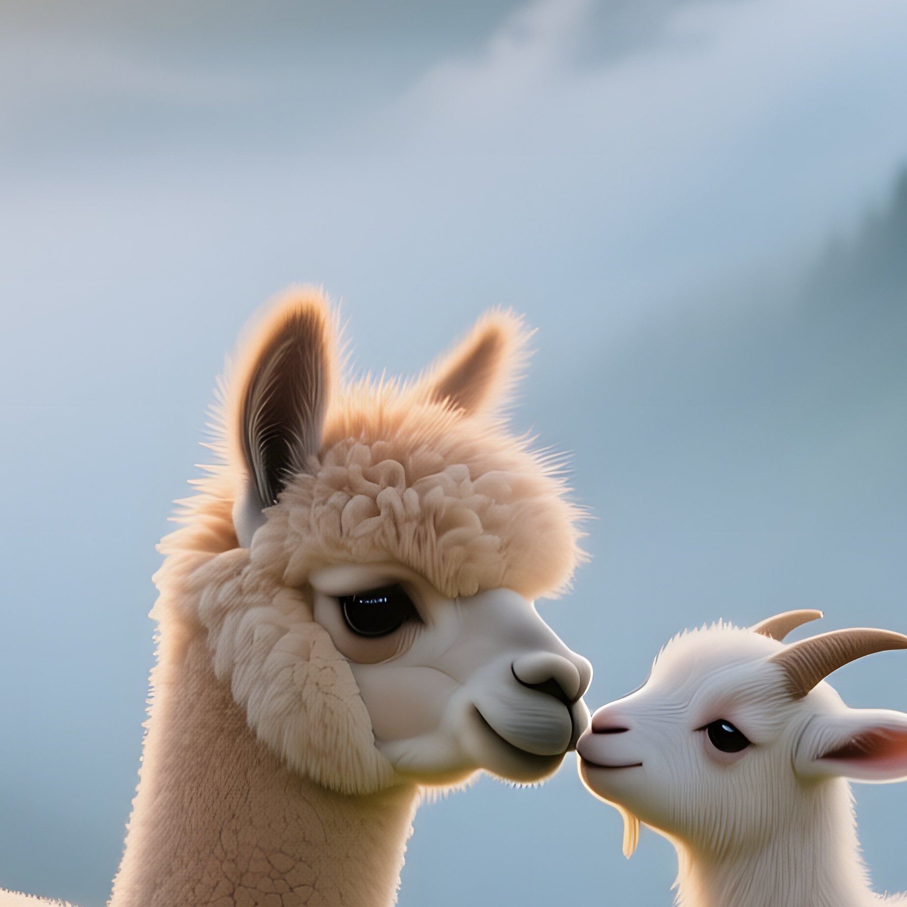 Fluffy Alpaca Tiny Goat Kiss Misty Mountain Sunrise - Full Resolution Quality Preview
