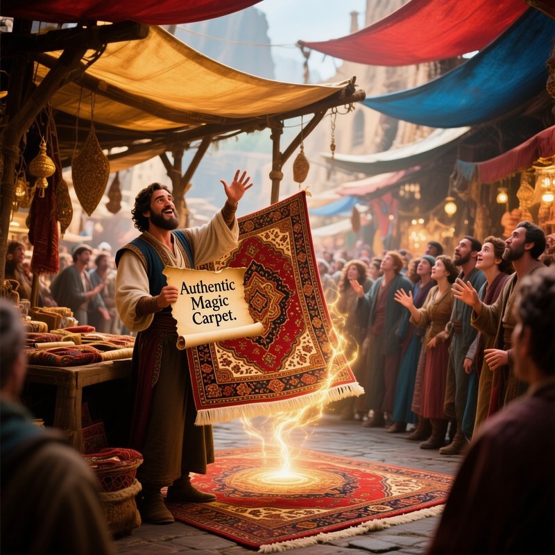 Flying Carpet Rug Merchant Selling Hoovering Carpet