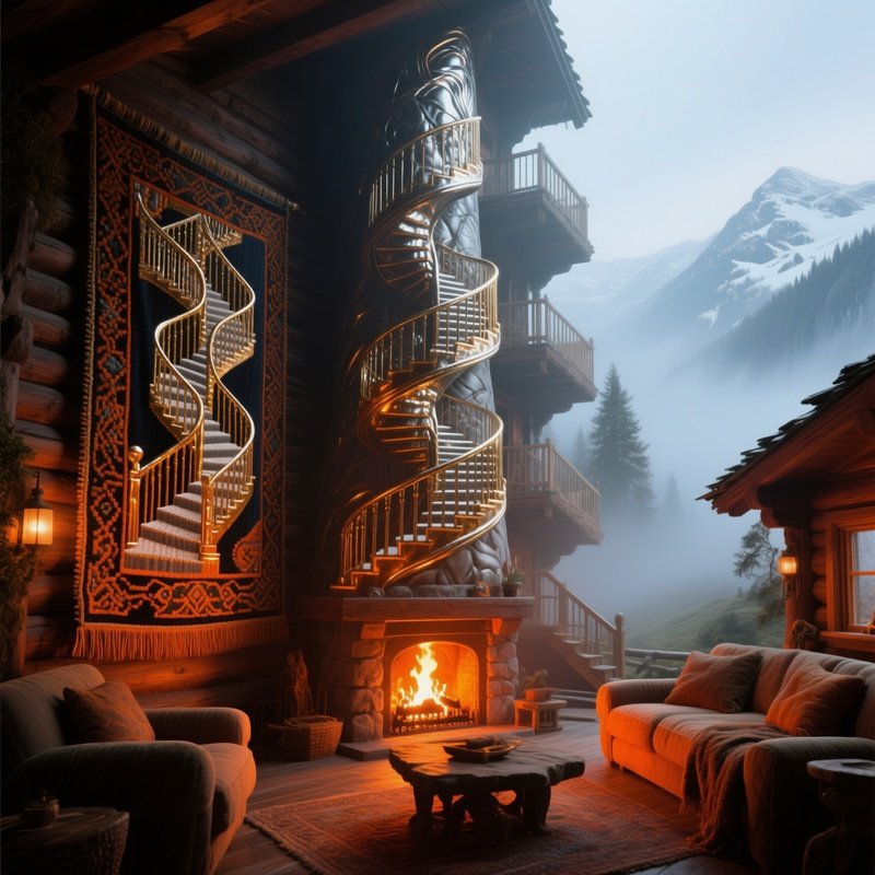 Foggy Alpine Chalet Interior With Escher Tapestries