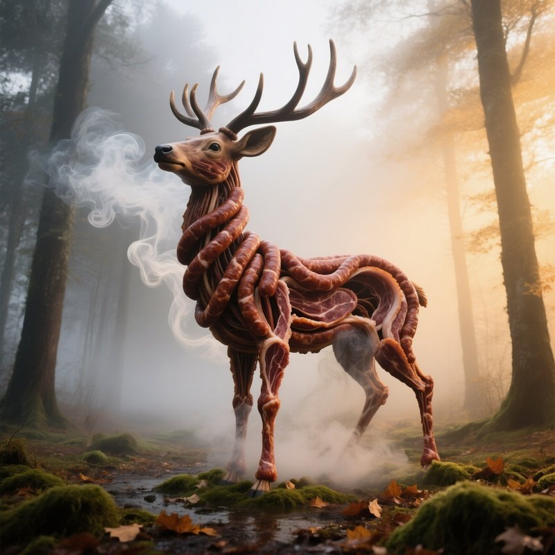 Foggy Forest Clearing With Chorizo Deer Sculpture