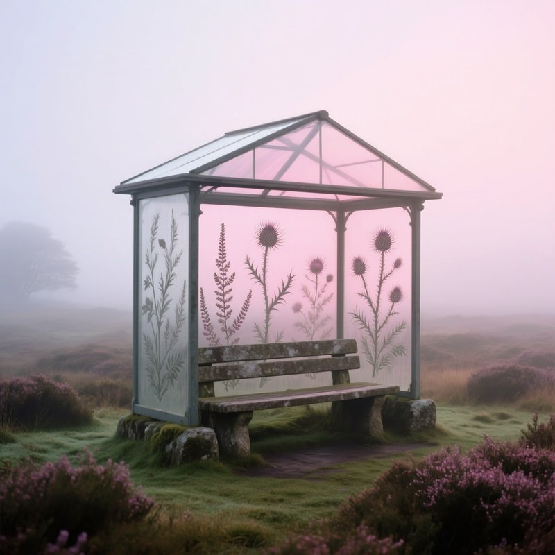 Foggy Moor At Dawn Stone Bench Glass Canopy