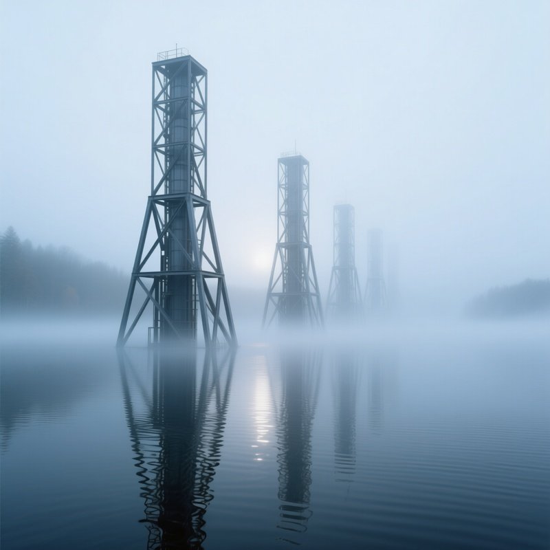 Foggy Morning Interlocking Steel Towers Lake Reflections