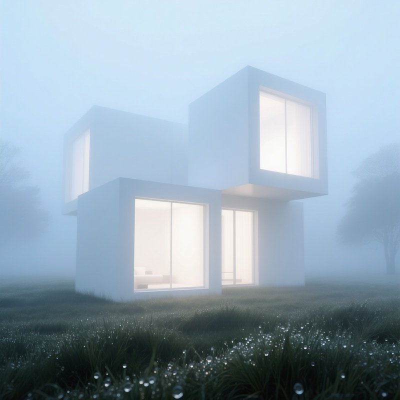 Foggy Morning Interlocking White Cubes Artist Retreat