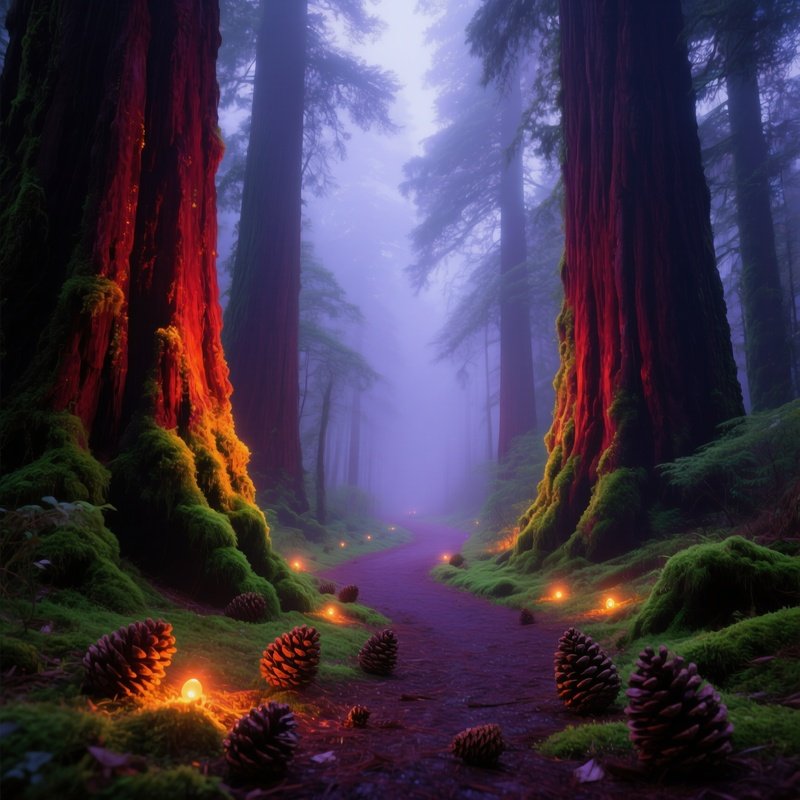Foggy Twilight Path Through Glowing Redwoods