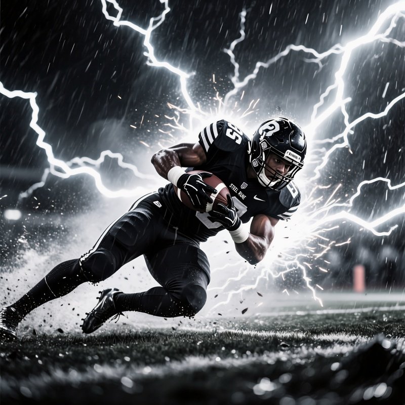 Football Player Steel Rune Tackling Through Rain And Sparks