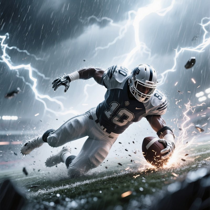 Football Player Steel Rune Tackling Through Rain And Sparks Fantasy
