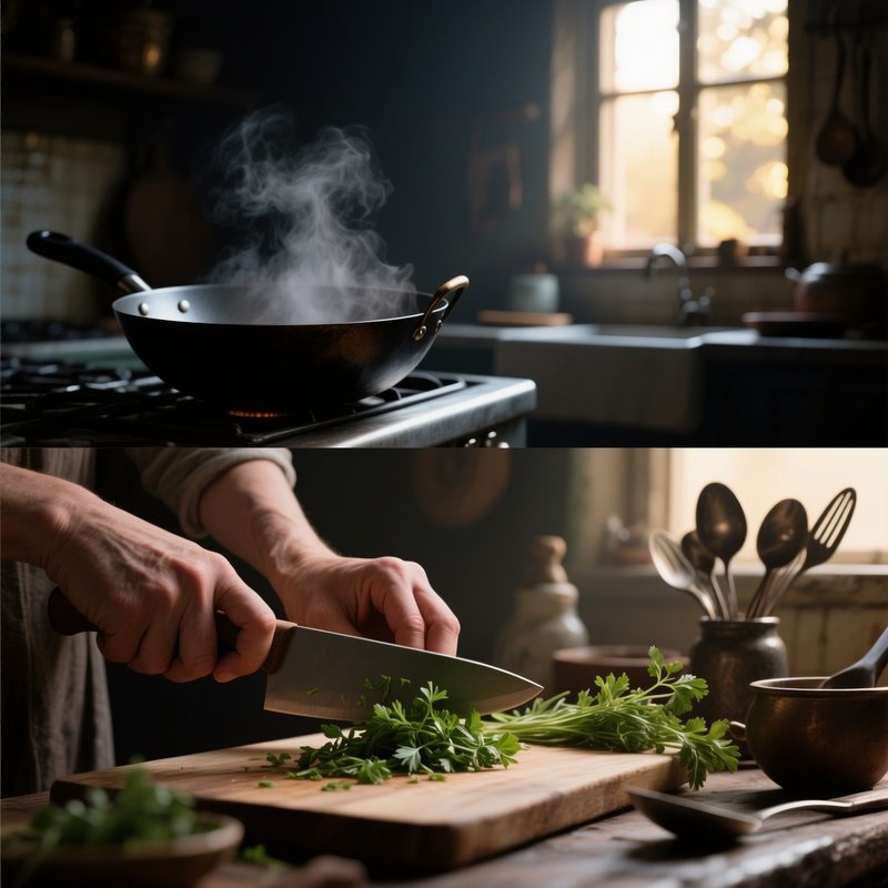 For Perspective And Mood Variations Close Up Of Hands Chopping Herbs To Add Human Element. Maybe A