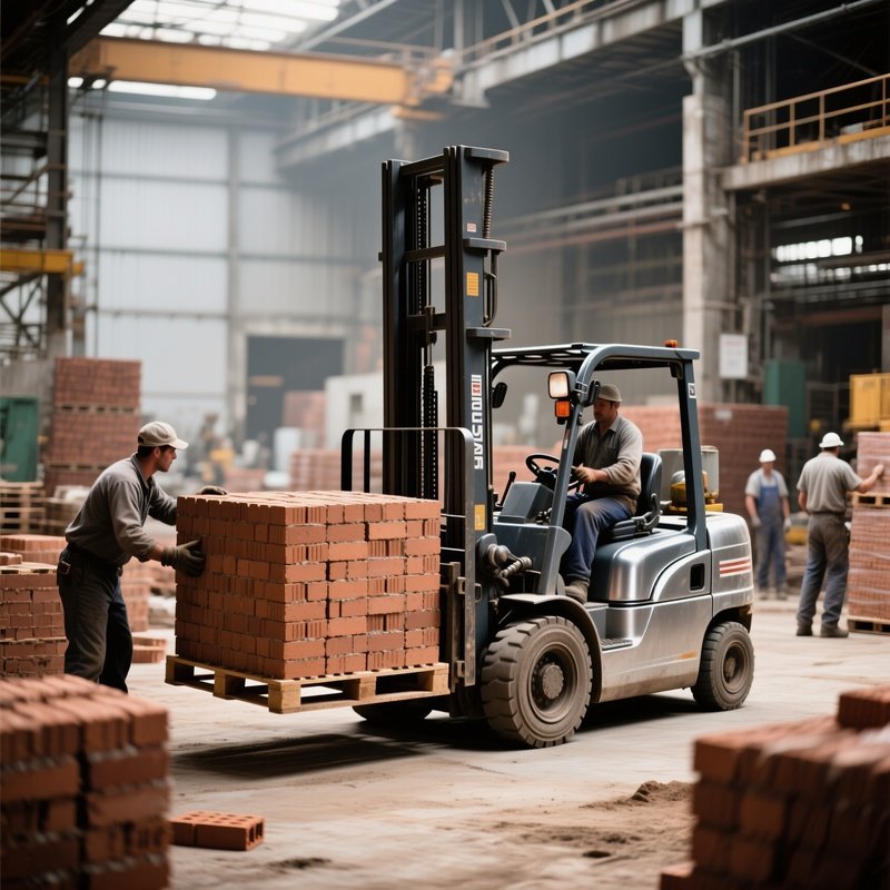 Forklift Moving Pallets Of Bricks Across The Site
