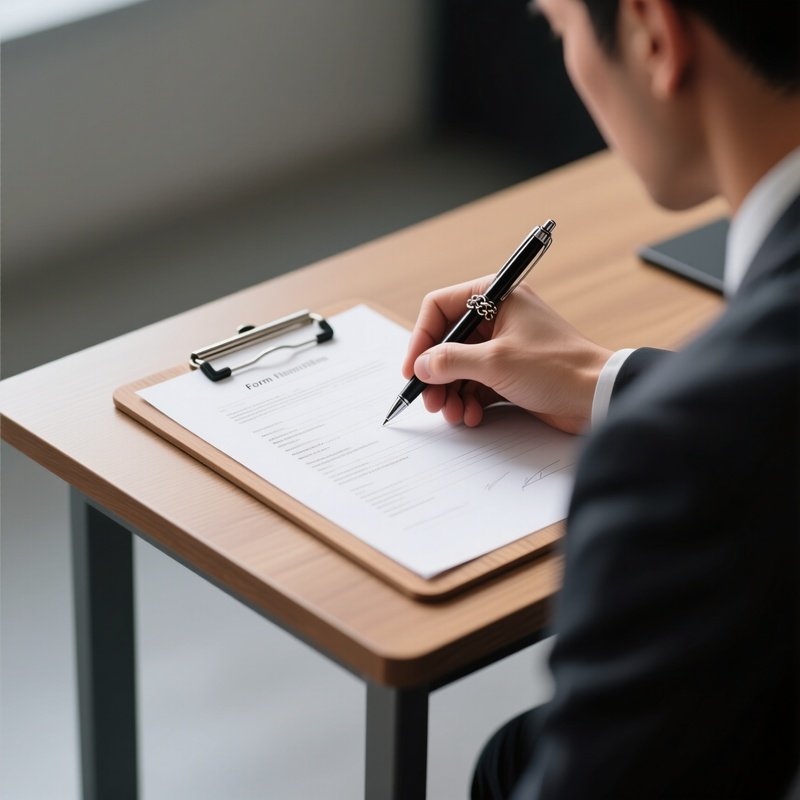Form Filling: An Over The Shoulder View Of A Person Using A Chained Ballpoint Pen To Sign A Document On A Wooden Clipboard At A Standing Desk.