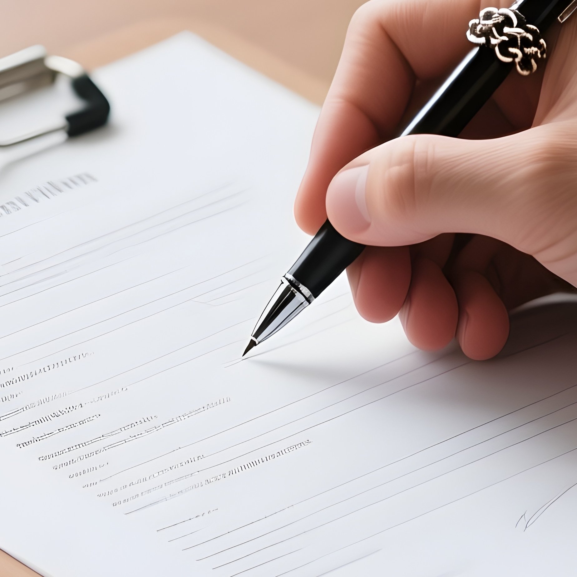 Form Filling: An Over The Shoulder View Of A Person Using A Chained Ballpoint Pen To Sign A Document On A Wooden Clipboard At A Standing Desk. - Full Resolution Quality Preview