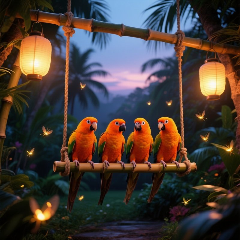 Four Bright Orange Conures Perched On A Bamboo Swing In A Tropical Garden At Twilight, Lanterns