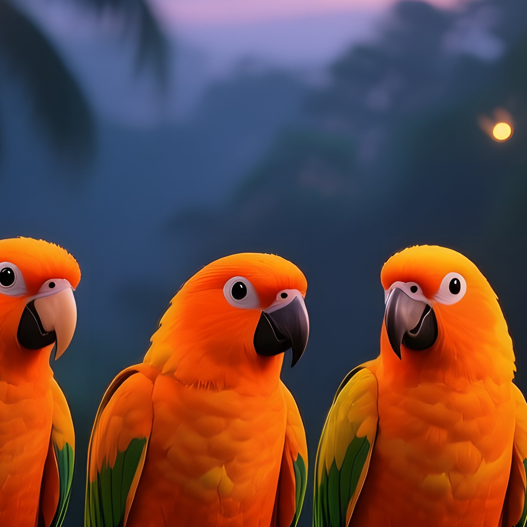 Four Bright Orange Conures Perched On A Bamboo Swing In A Tropical Garden At Twilight, Lanterns - Full Resolution Quality Preview