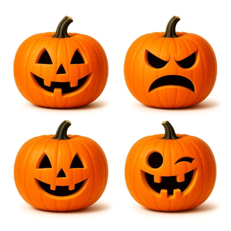 Four Cartoon Style Pumpkins With Different Facial Expressions