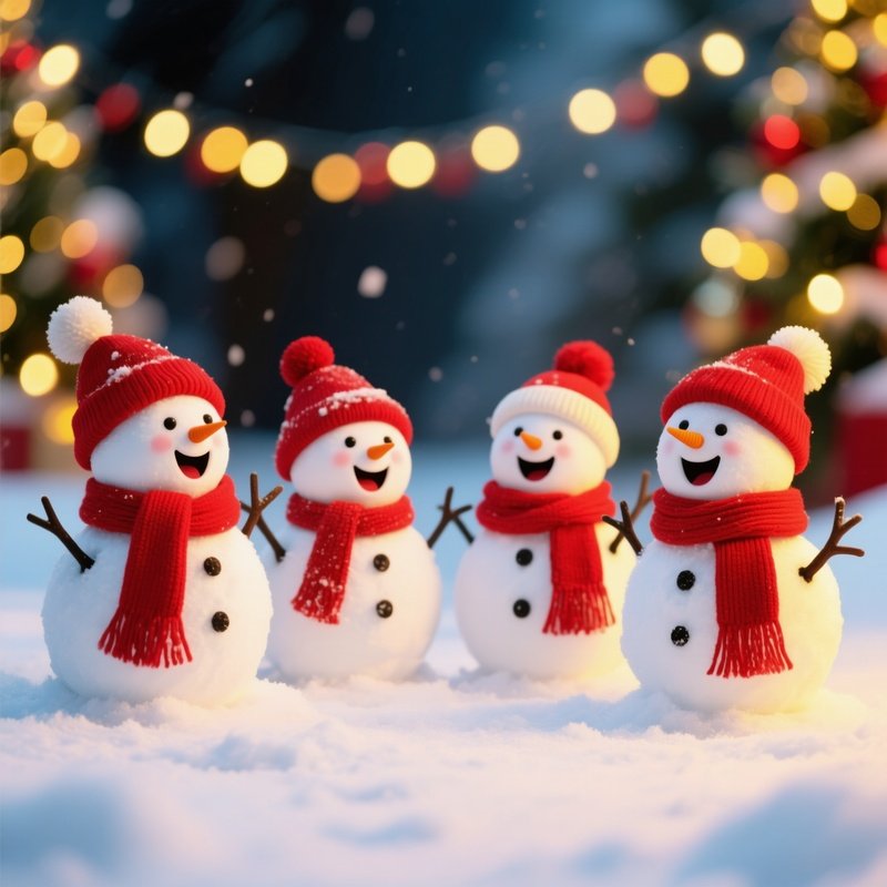 Four Snowmen In A Festive Setting Christmas Snowmen
