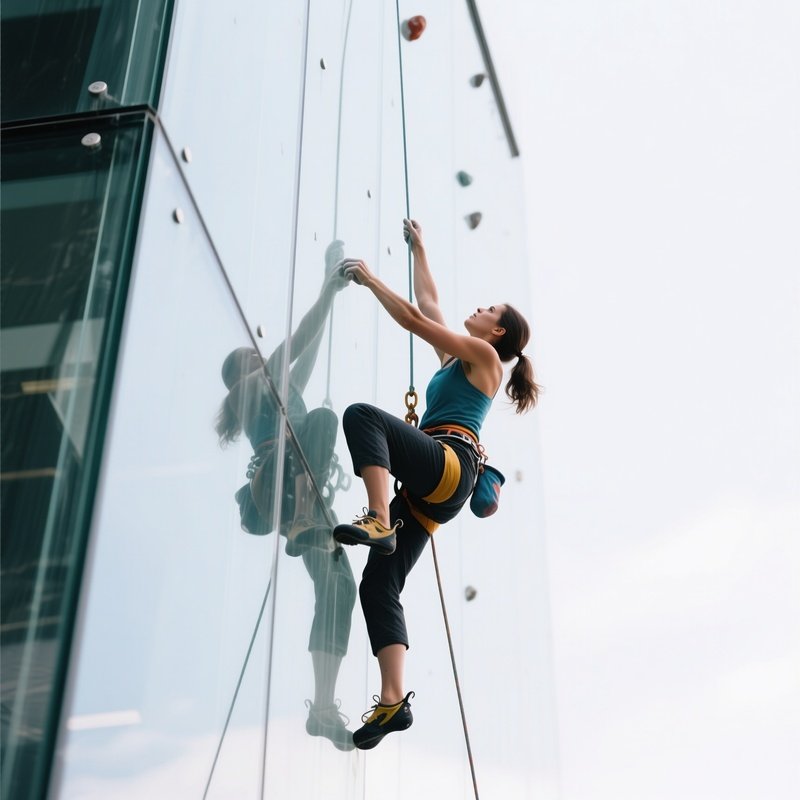 Free Climber Juno Stride On Vertical Wall Of Glass
