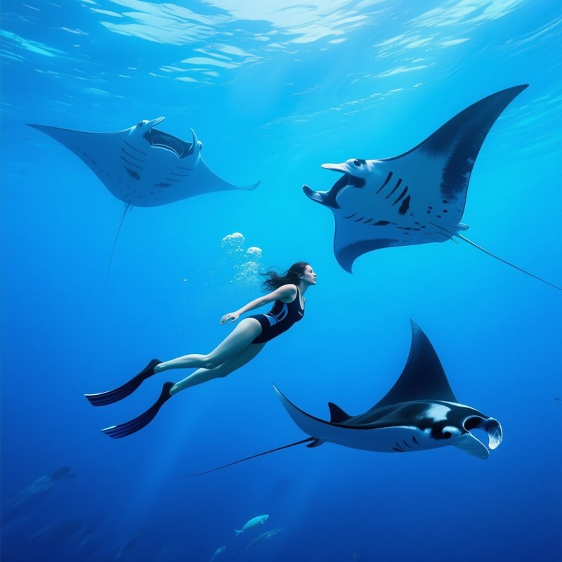 Free Diver Nami Rei Gliding With Manta Rays In Deep Blue