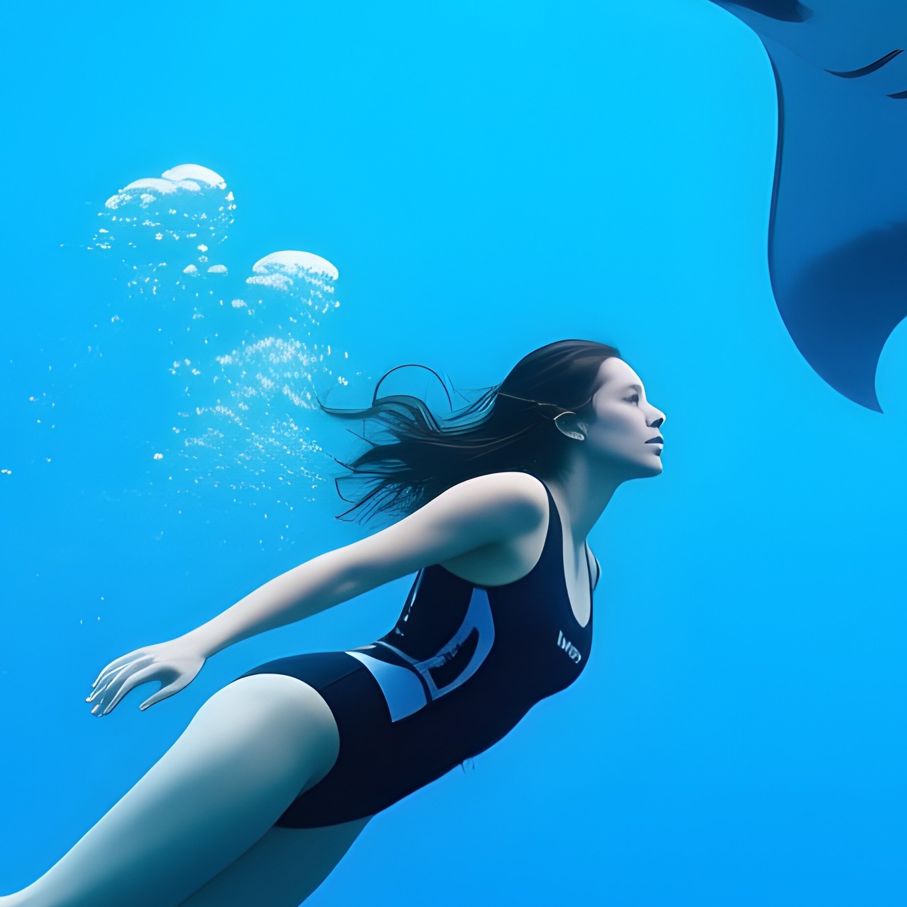 Free Diver Nami Rei Gliding With Manta Rays In Deep Blue - Full Resolution Quality Preview