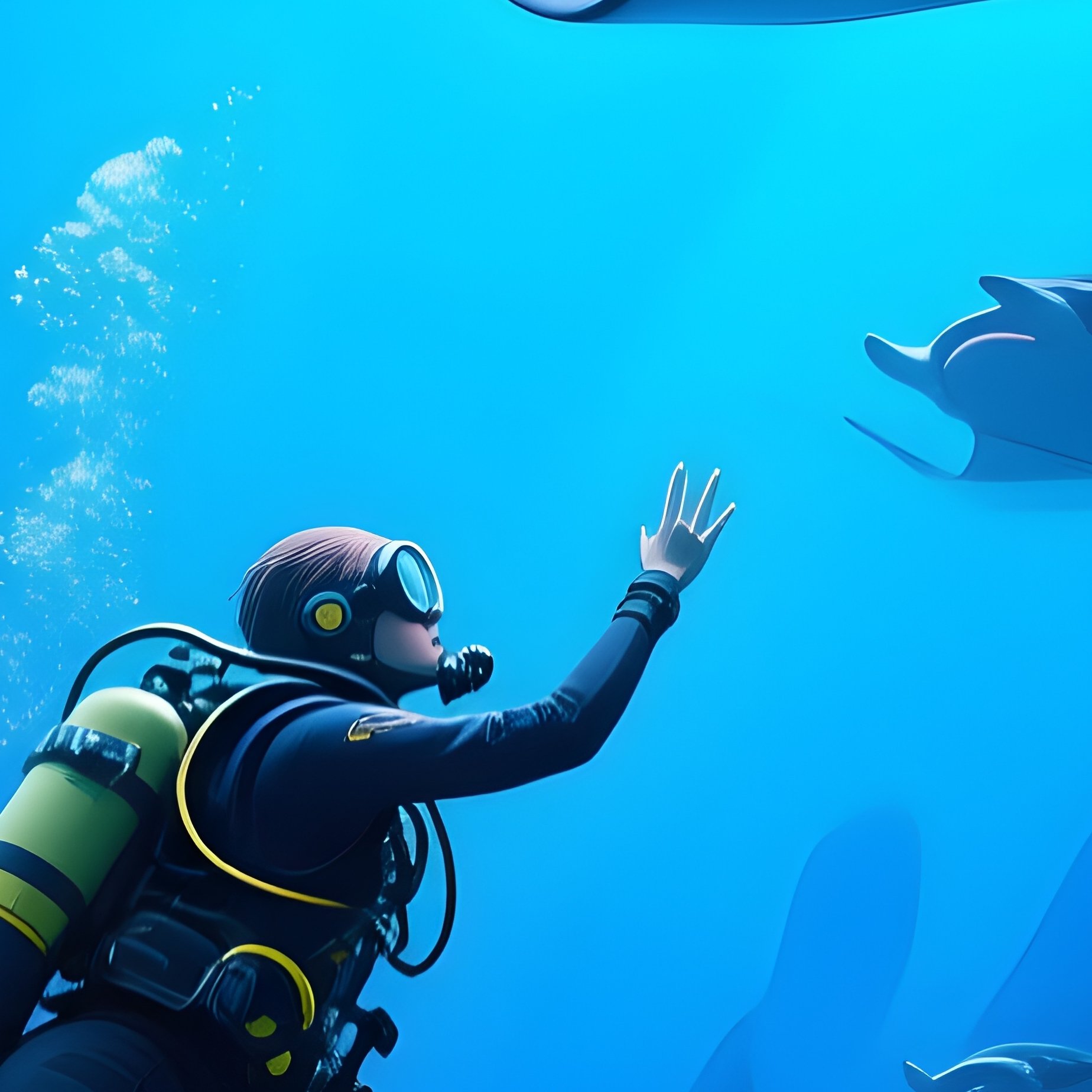 Free Diver Nami Rei Gliding With Manta Rays In Deep Blue Science Fiction - Full Resolution Quality Preview