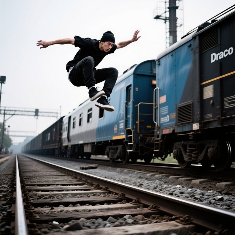 Freerunner Draco Leap Vaulting Over Moving Trains Scene