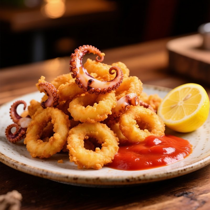Fried Squid Rings And Tentacles With Marinara And Lemon