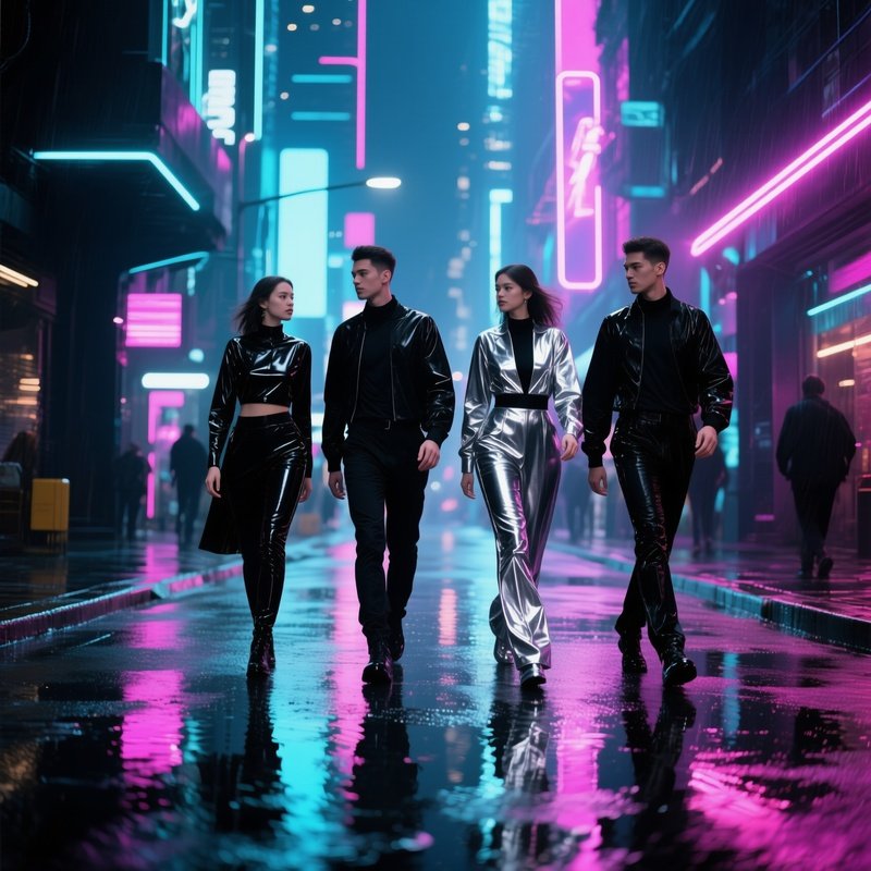 Friends In Black Silver Outfits Walking Neon City Streets