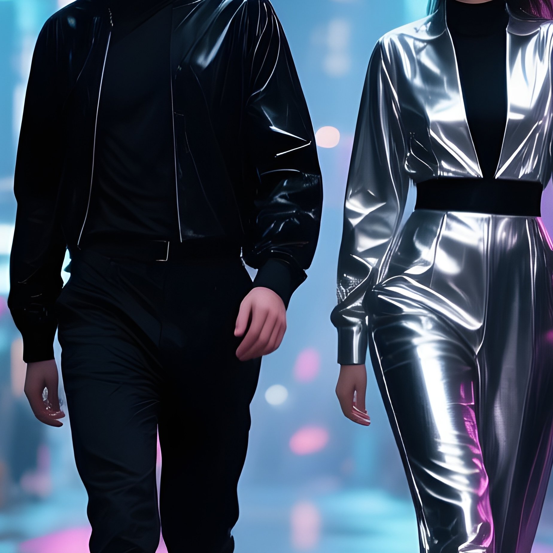Friends In Black Silver Outfits Walking Neon City Streets - Full Resolution Quality Preview