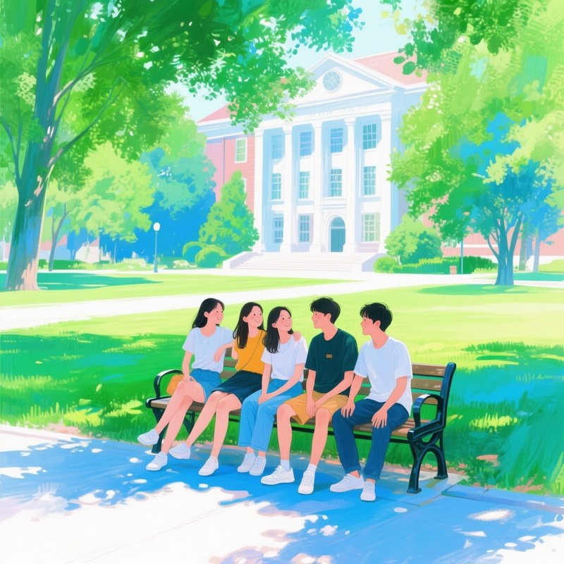 Friends Laughing On Campus Bench 2