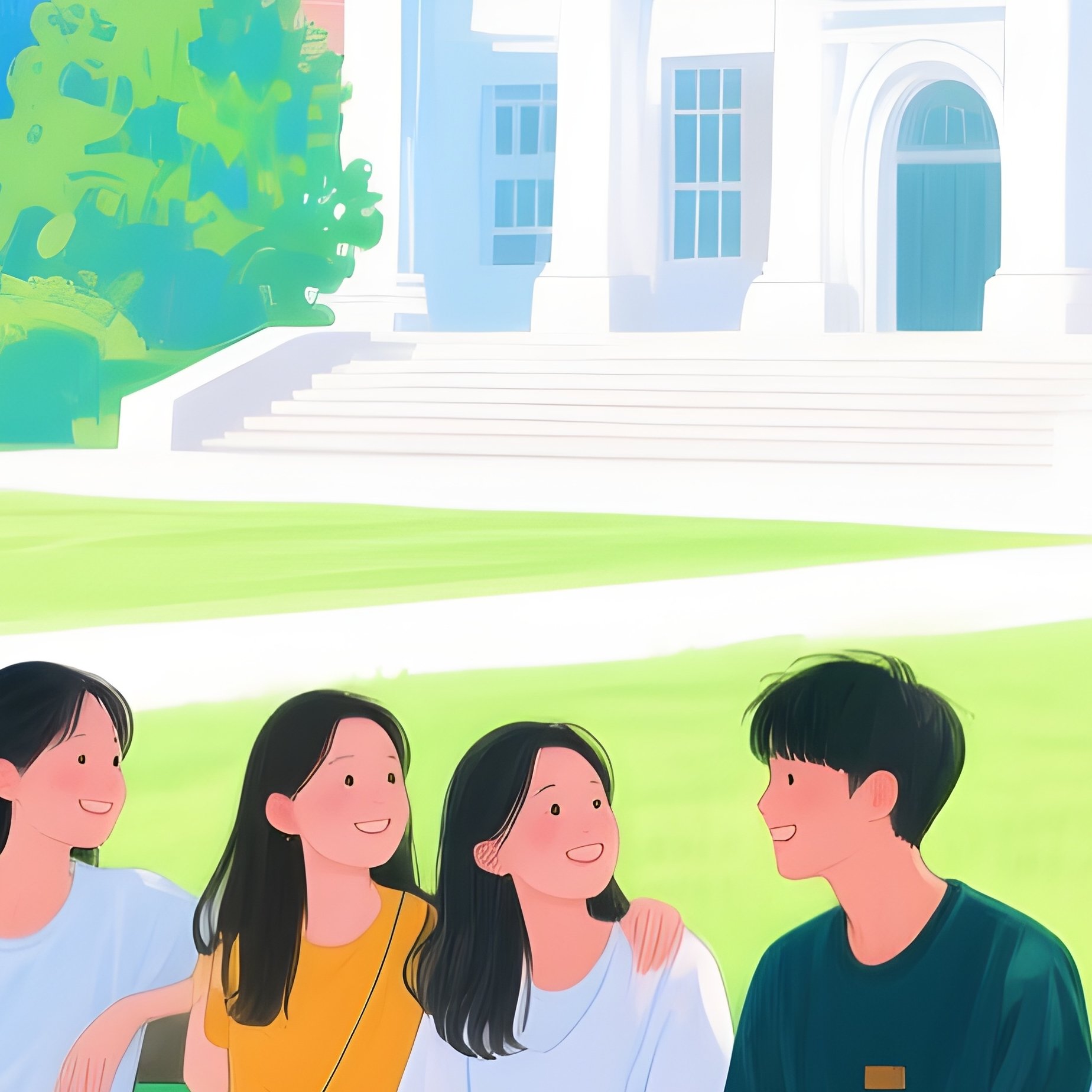 Friends Laughing On Campus Bench 2 - Full Resolution Quality Preview