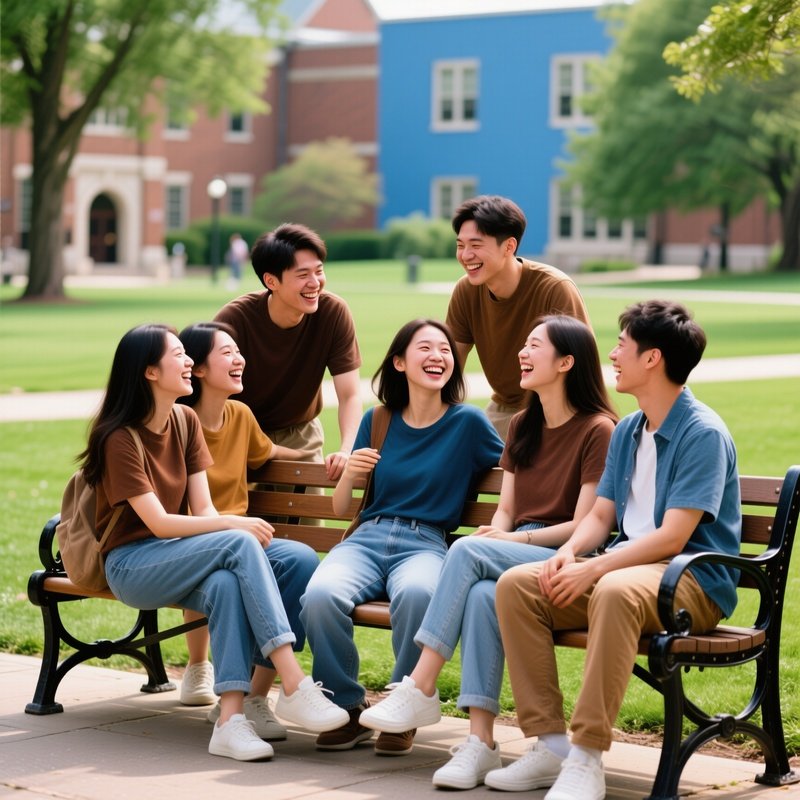 Friends Laughing On Campus Bench