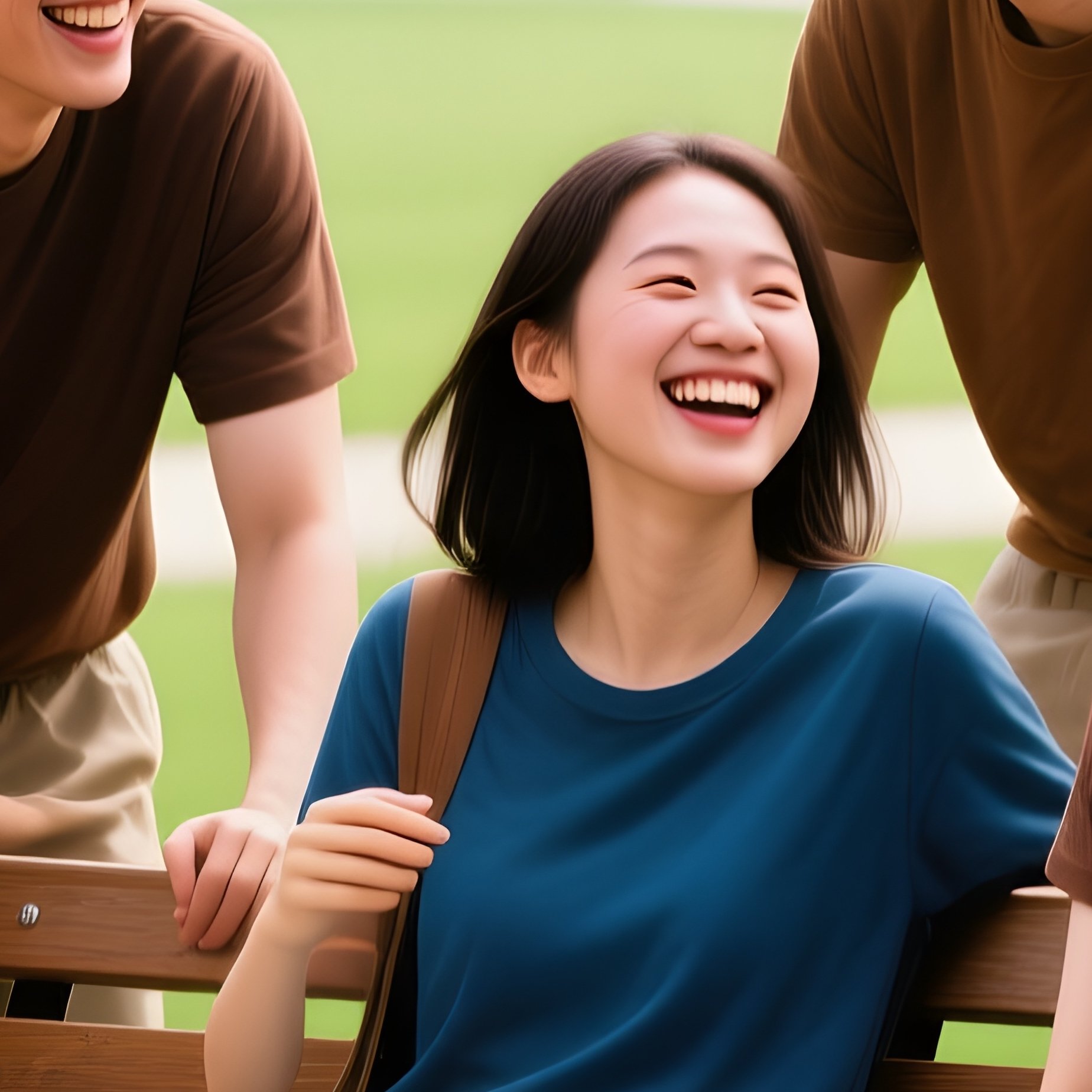 Friends Laughing On Campus Bench - Full Resolution Quality Preview
