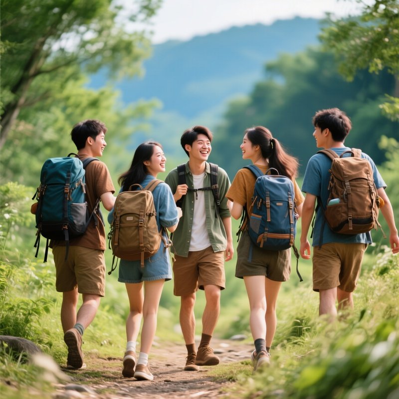 Friends Walking Backpacks Outdoor Scene