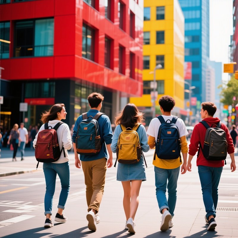 Friends Walking Backpacks Urban Scene