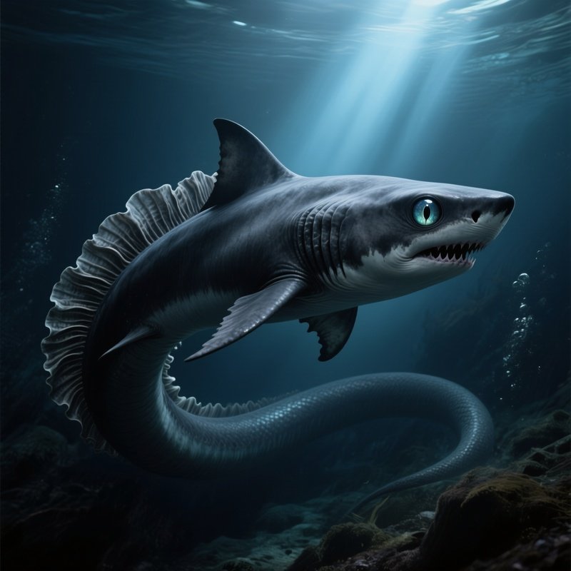 Frilled Shark Ancient Serpentlike Form With Frilly Gill Ruffles And Glassy Eyes