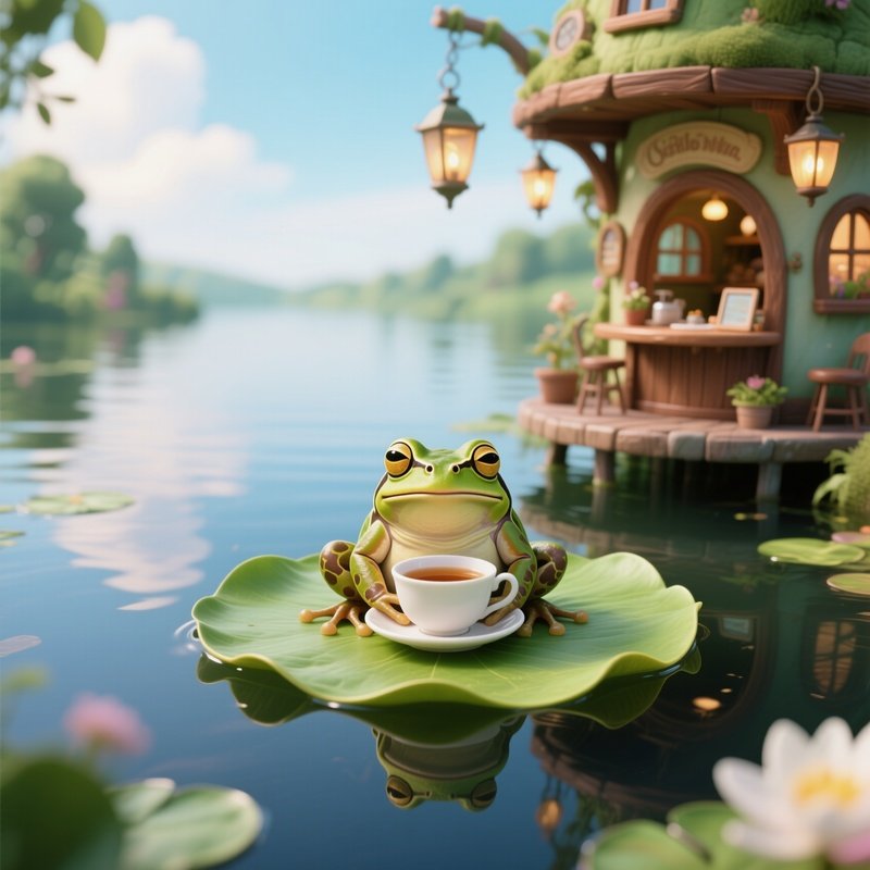 Frog Drinking Tea Floating Lily Pad Cafe